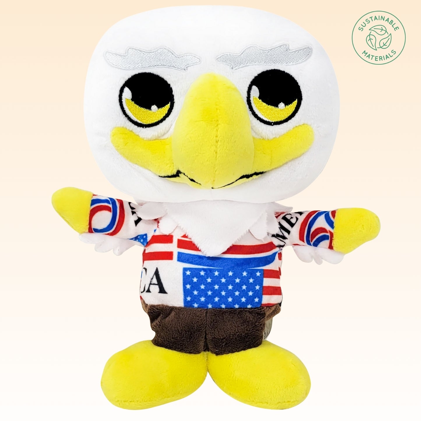 Seated view of America 250 American Eagle plush toy with soft fabric texture.