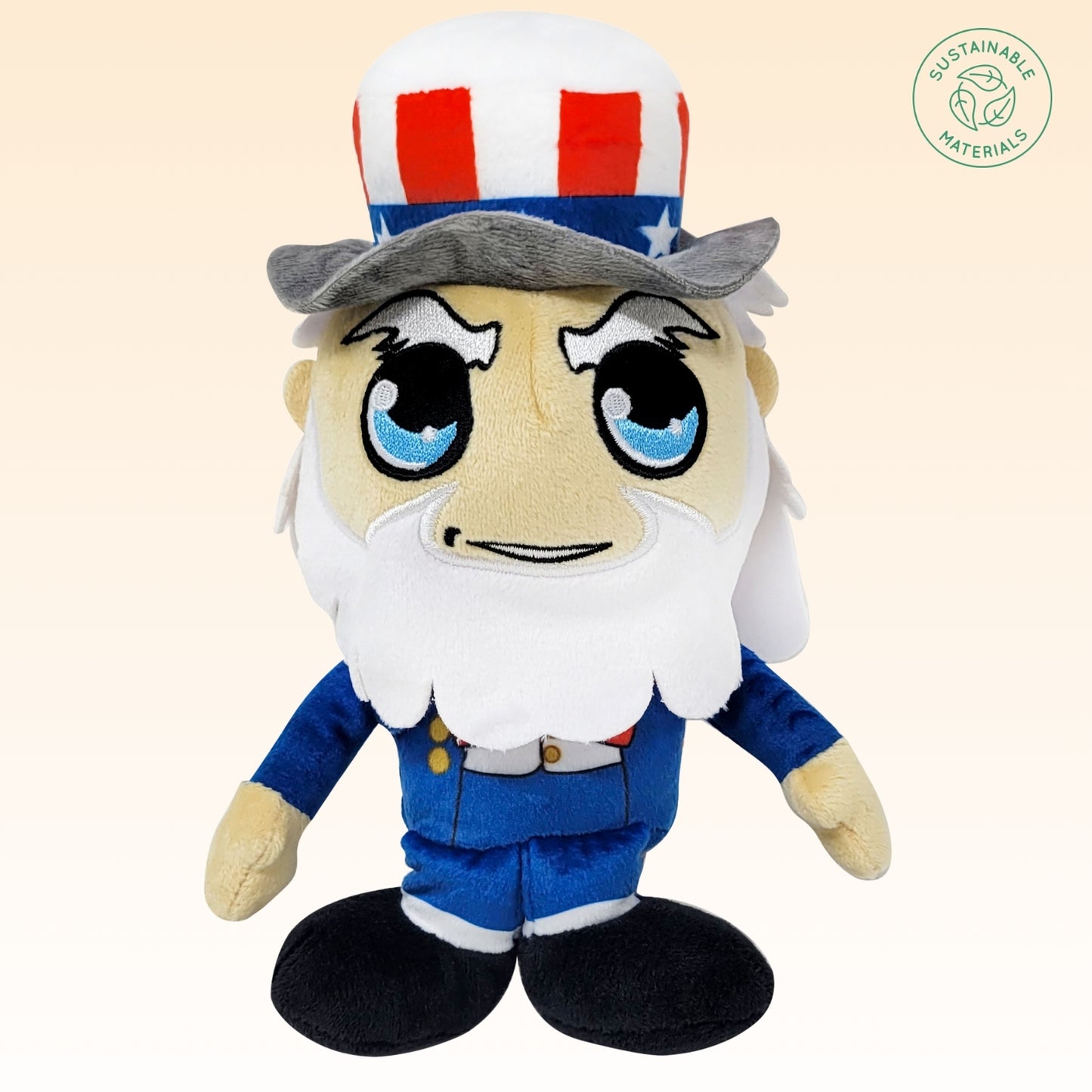 Alternate front view of America 250 Uncle Sam plush toy highlighting hat and beard details