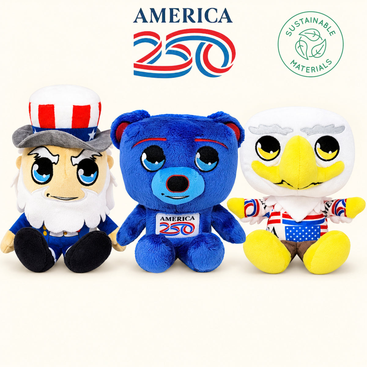 America 250 Midori Chibi Patriotic Plush Bundle — Uncle Sam, Bear & Eagle 3-Pack