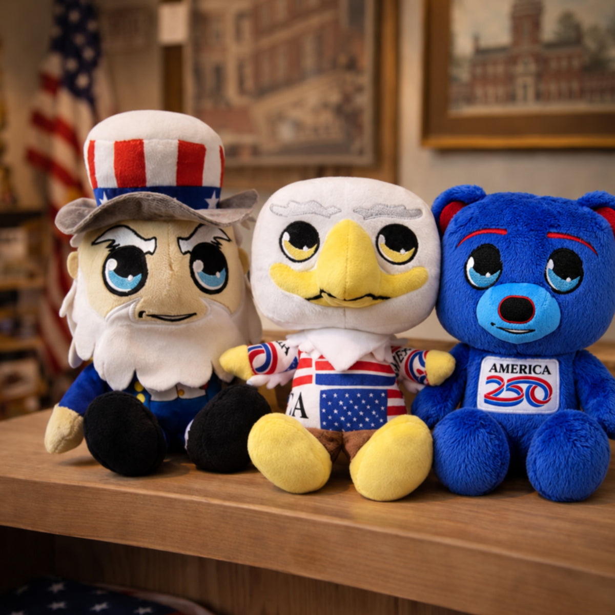 America 250 Midori Chibi Patriotic Plush Bundle — Uncle Sam, Bear & Eagle 3-Pack